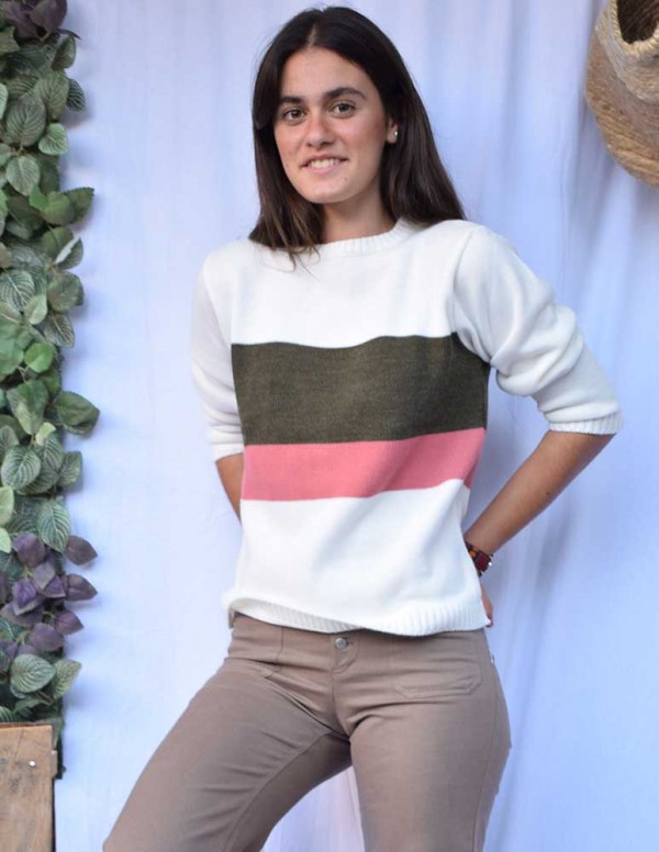 Jersey cenefa tricolor blanco roto