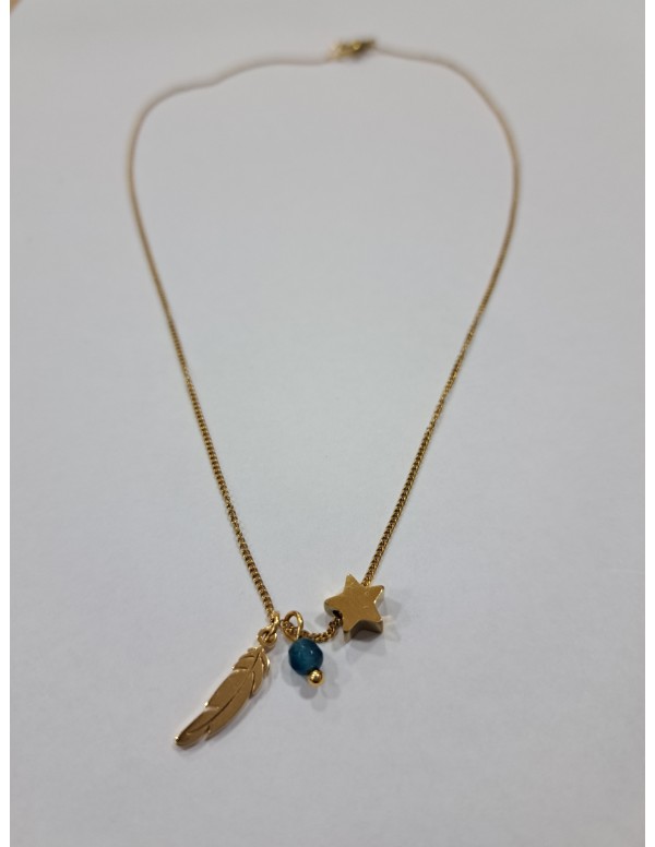 COLGANTE PLUMA Y ESTRELLA PIEDRA EN TONOS AZULES