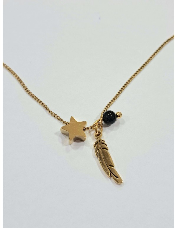 COLGANTE PLUMA Y ESTRELLA PIEDRA NEGRA