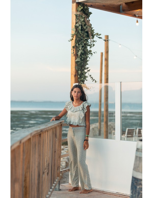 PANTALON CAMPANA ABANICOS VERDE