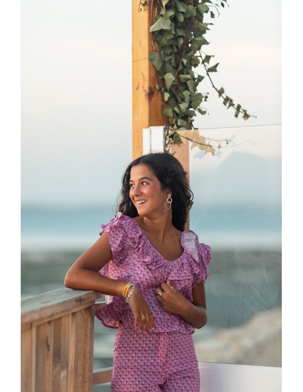 PANTALON CAMPANA ABANICOS ROSA 2