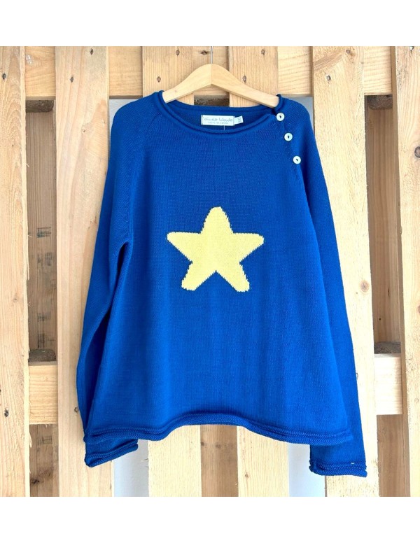 Jersey de punto azul con estrella limón