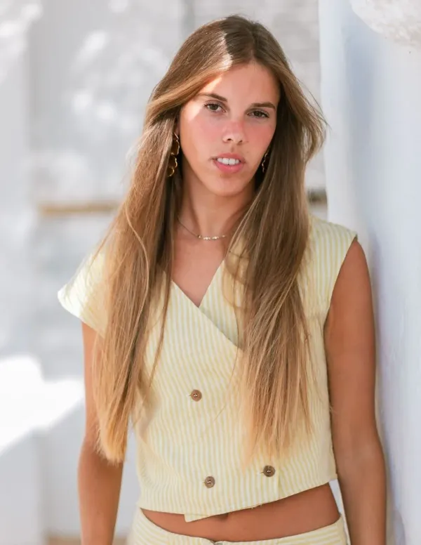 CHALECO GASA RAYAS MOSTAZA