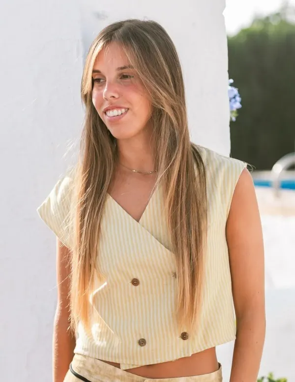 CHALECO GASA RAYAS MOSTAZA 2