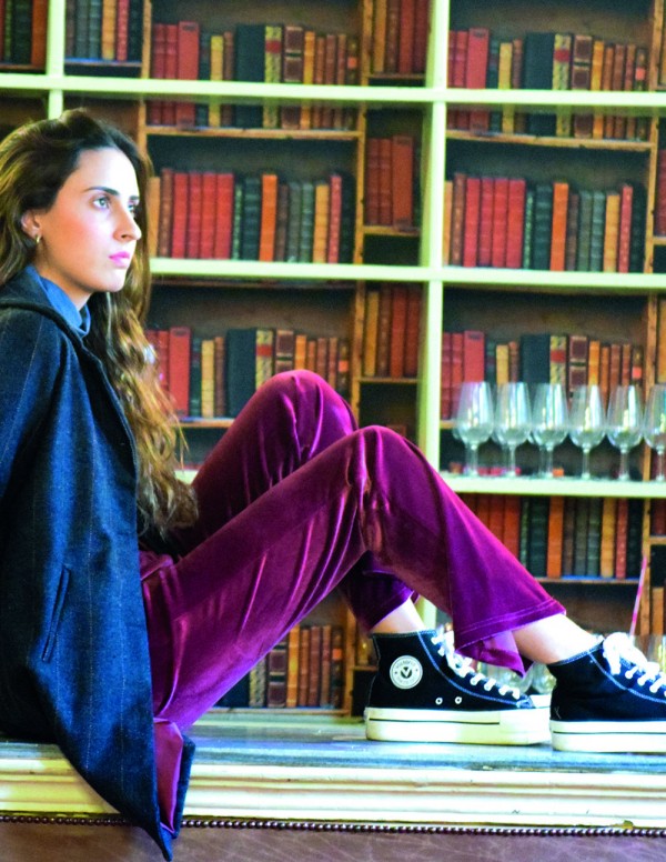 Pantalón campana brillo fresa