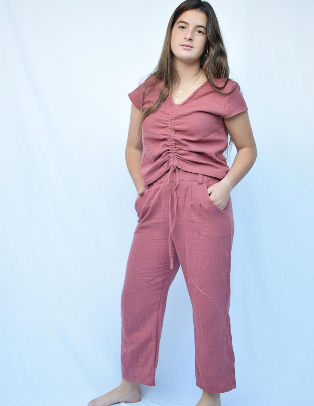 Pantalón doble gasa teja