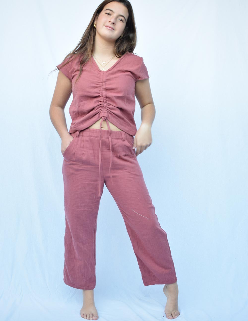 Pantalón doble gasa teja