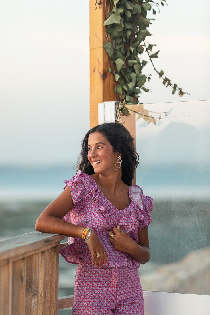 PANTALON CAMPANA ABANICOS ROSA