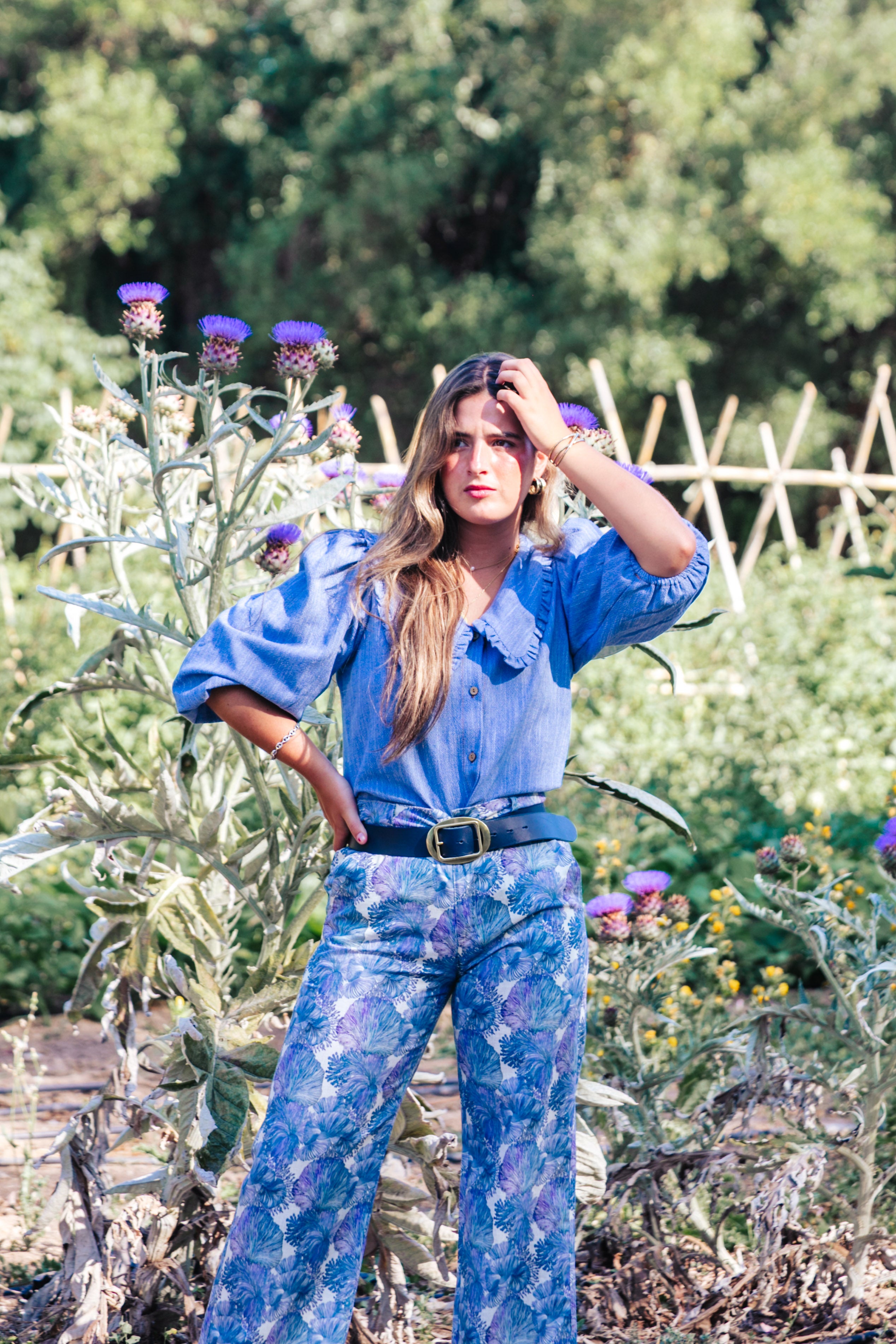 BLUSA PICO LINO VAQUERA AZUL