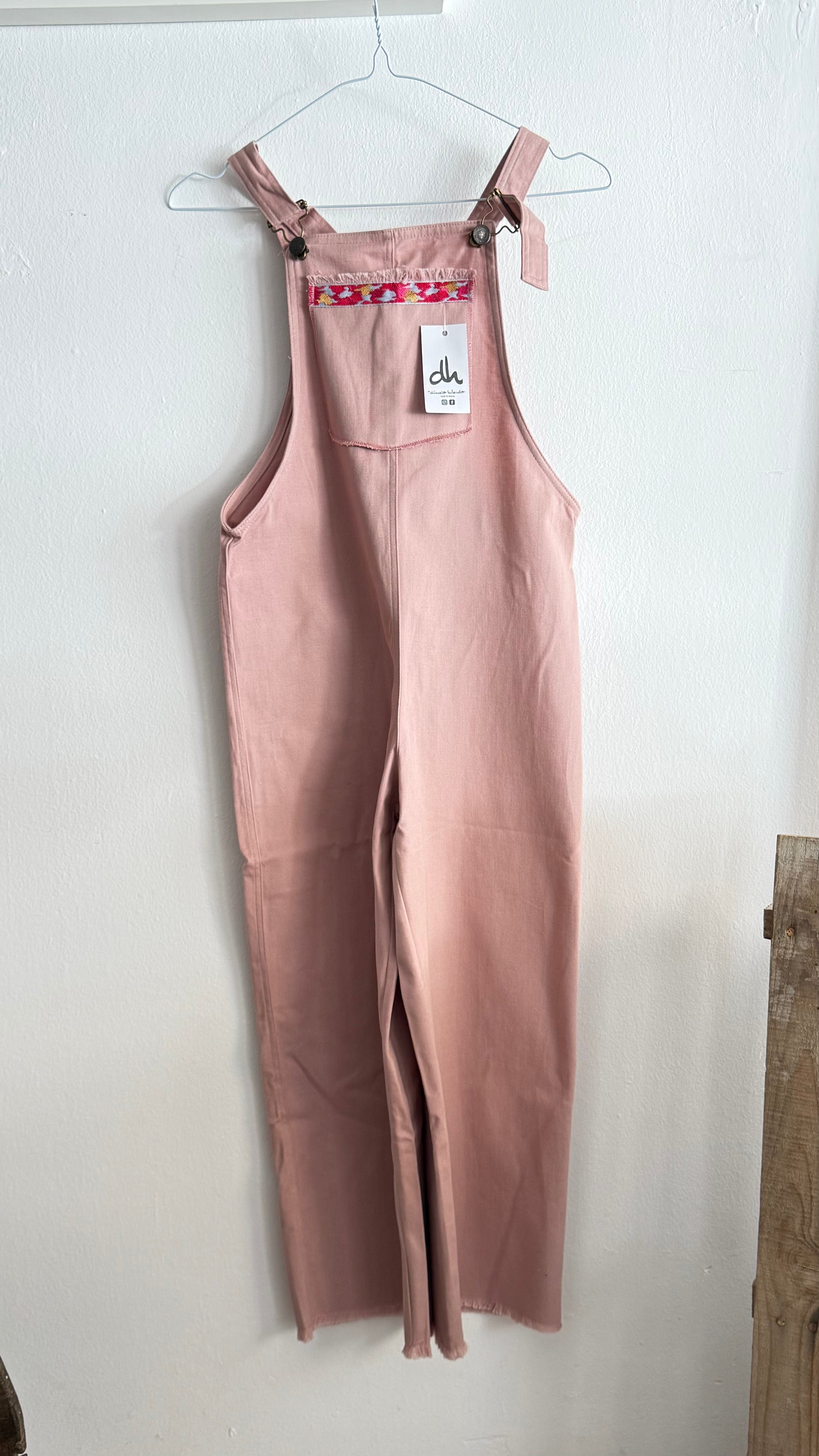 Pink twill denim overalls