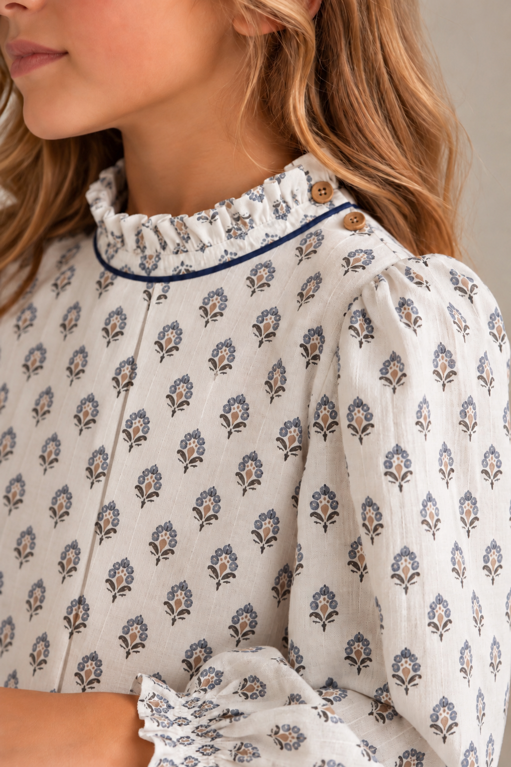 BLOUSE COL MAO MOSAÏQUE BLEU FILLE