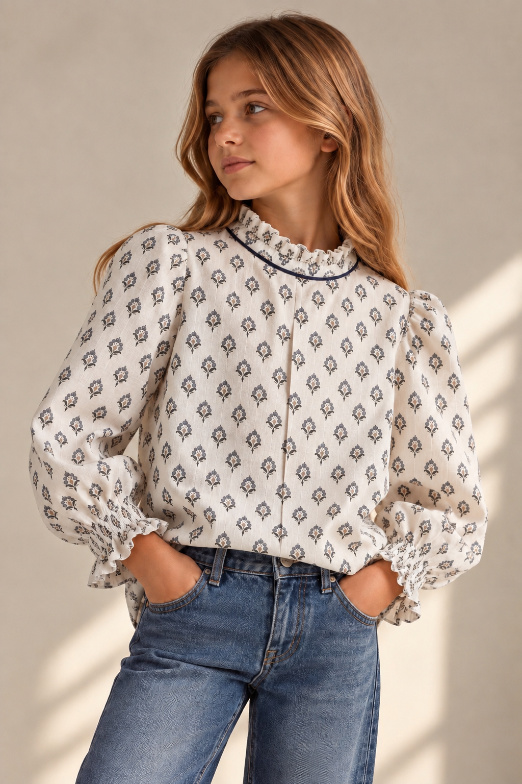 BLOUSE COL MAO MOSAÏQUE BLEU FILLE